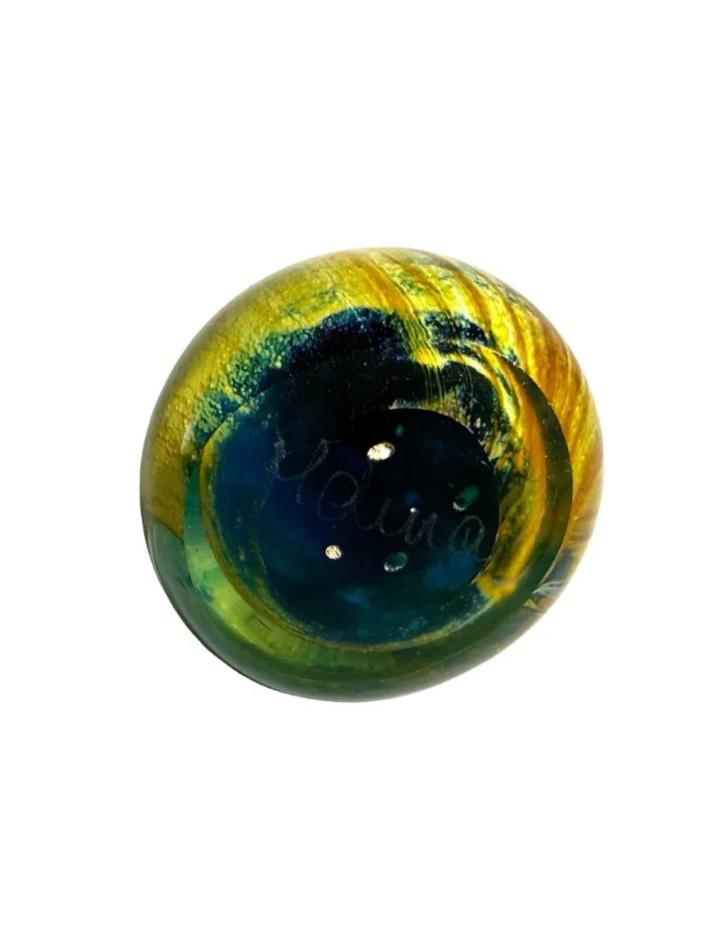 Art Glass SeaHorse Sculpture With Yellow & Blue Swirl Signed Mdina